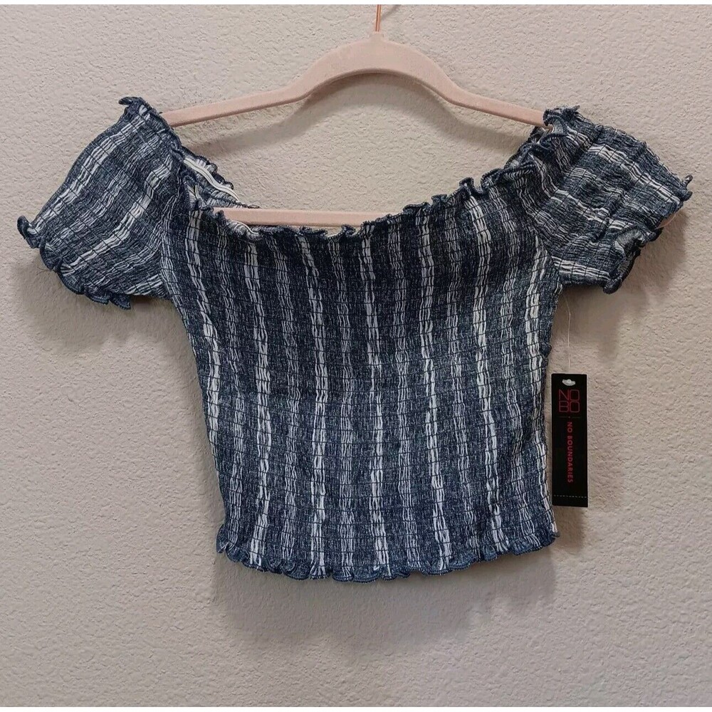 No Boundaries Crop Top XSmall Off Shoulder Smocked Striped Blue White